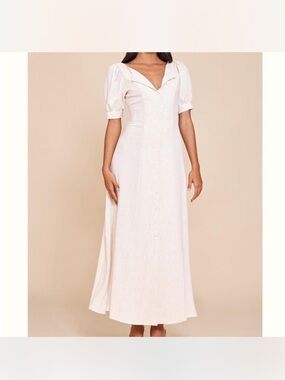 PrettyLittleThing Cream Button-Front Maxi Dress with Puff Sleeves